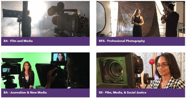 Mount Saint Mary's University degree programs including Film & Media, Film, Media & Social Justice, Journalism & New Media, and Professional Photography.
